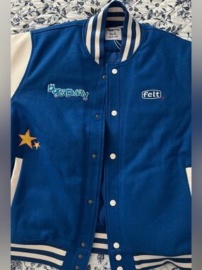 Kids Blue Doraemon Embroidered Varsity Jacket by